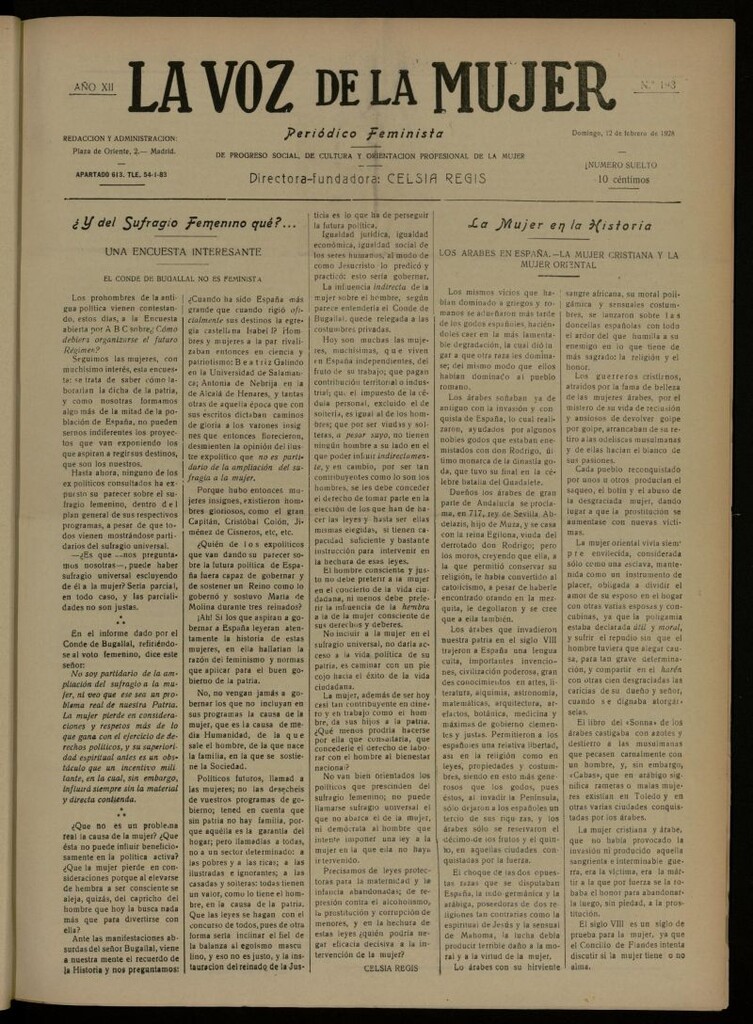 Miniatura de La Voz de la Mujer: revista mensual dedicada a la defensa de la mujer española del 12 de febrero de 1928, nº 193