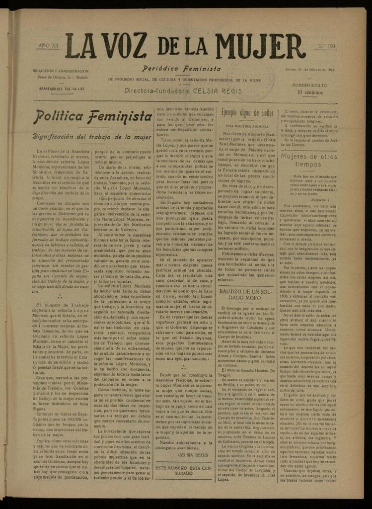 Miniatura de La Voz de la Mujer: revista mensual dedicada a la defensa de la mujer española del 16 de febrero de 1928, nº 194