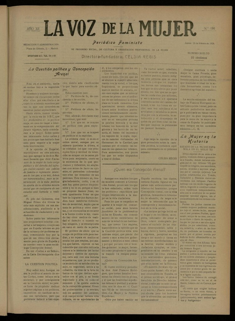 Miniatura de La Voz de la Mujer: revista mensual dedicada a la defensa de la mujer española del 23 de febrero de 1928, nº 196