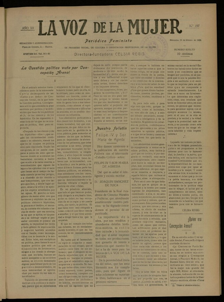 Miniatura de La Voz de la Mujer: revista mensual dedicada a la defensa de la mujer española del 29 de febrero de 1928, nº 197
