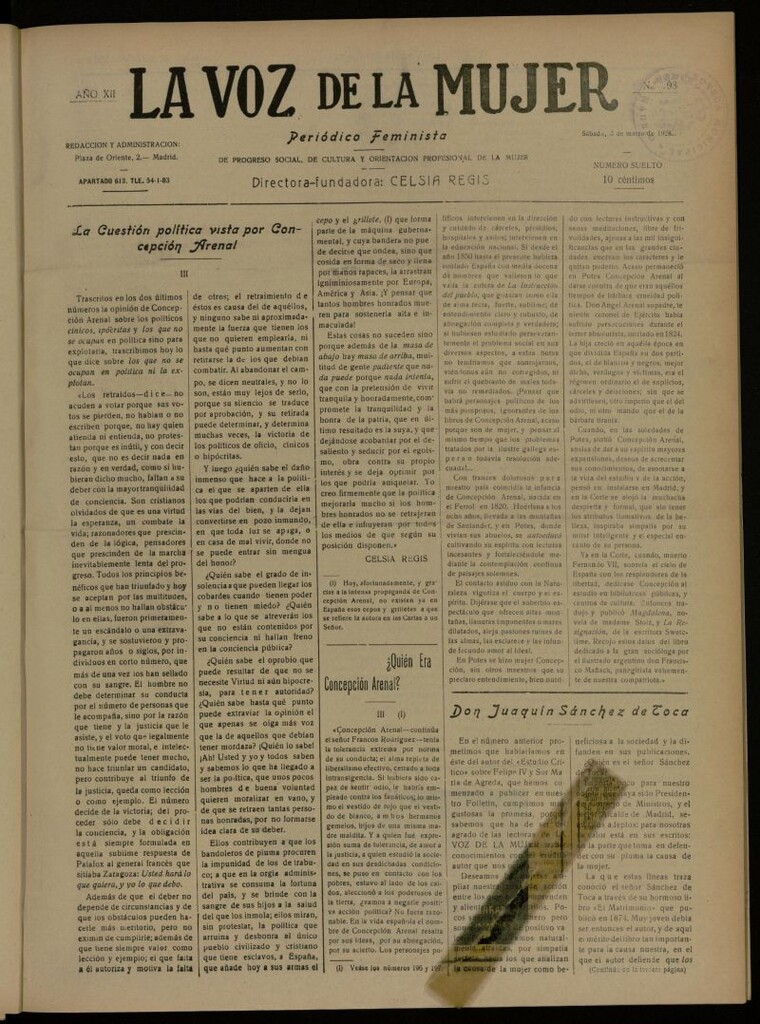 Miniatura de La Voz de la Mujer: revista mensual dedicada a la defensa de la mujer española del 3 de marzo de 1928, nº 198