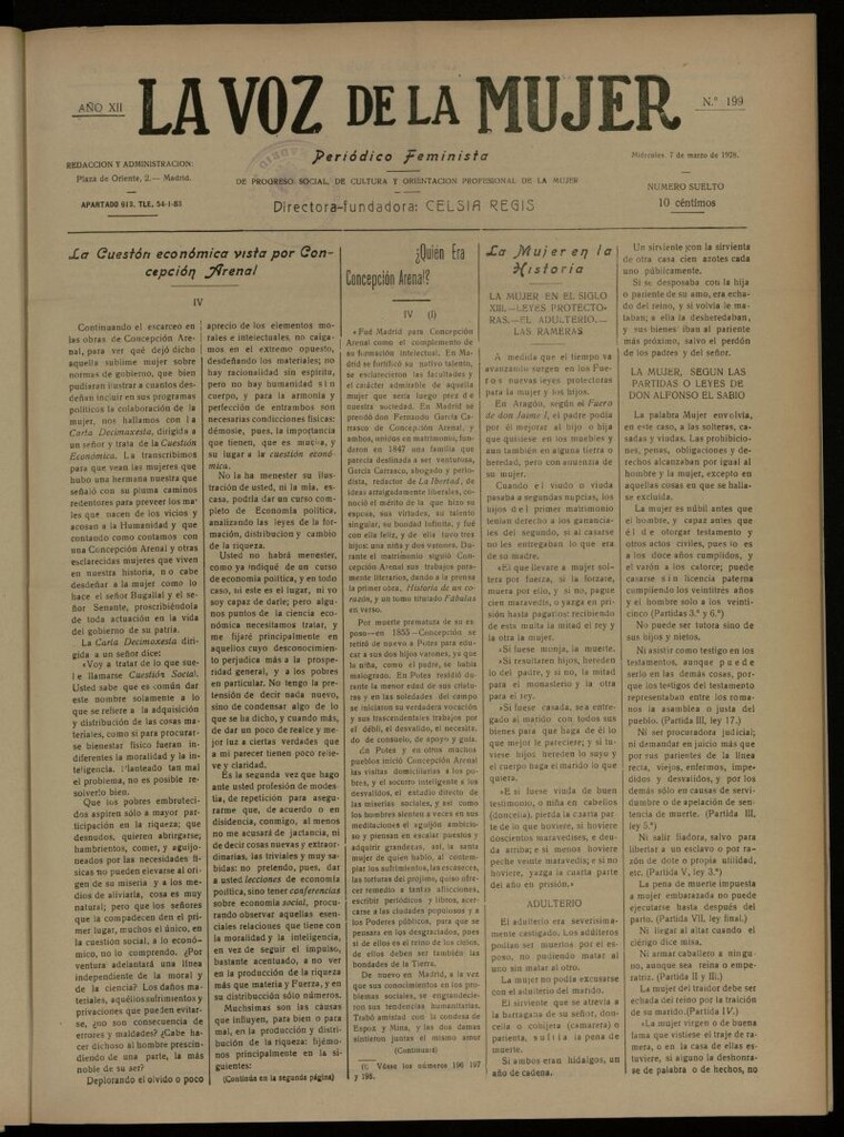 Miniatura de La Voz de la Mujer: revista mensual dedicada a la defensa de la mujer española del 7 de marzo de 1928, nº 199