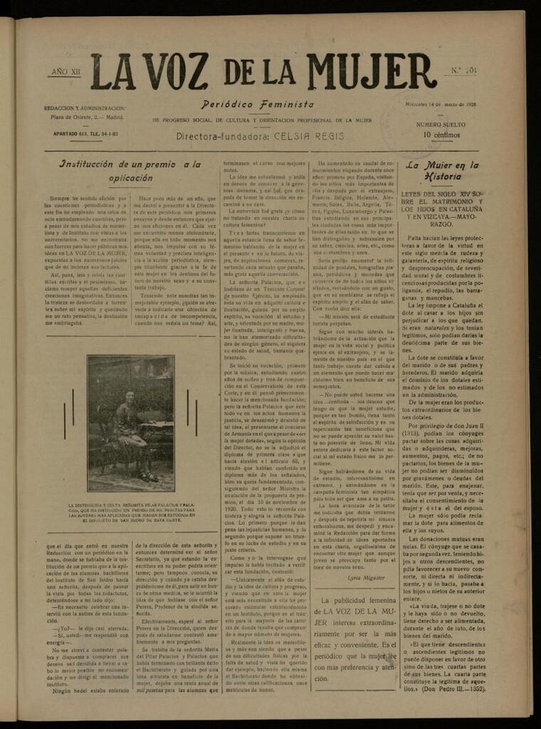 Miniatura de La Voz de la Mujer: revista mensual dedicada a la defensa de la mujer española del 14 de marzo de 1928, nº 201