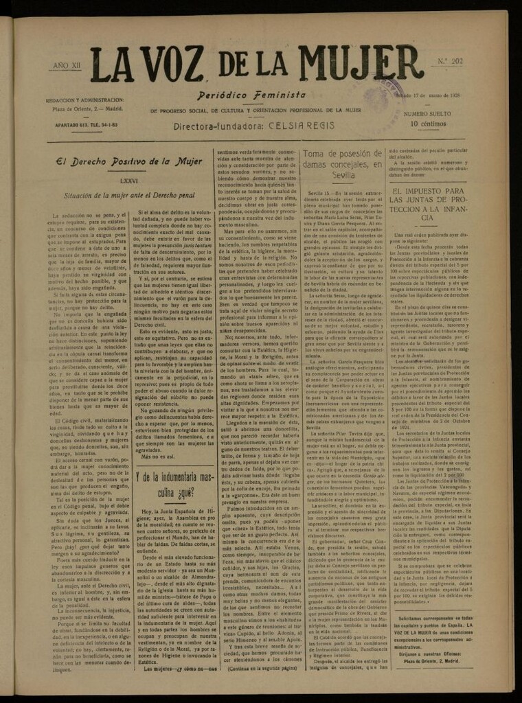 Miniatura de La Voz de la Mujer: revista mensual dedicada a la defensa de la mujer española del 17 de marzo de 1928, nº 202