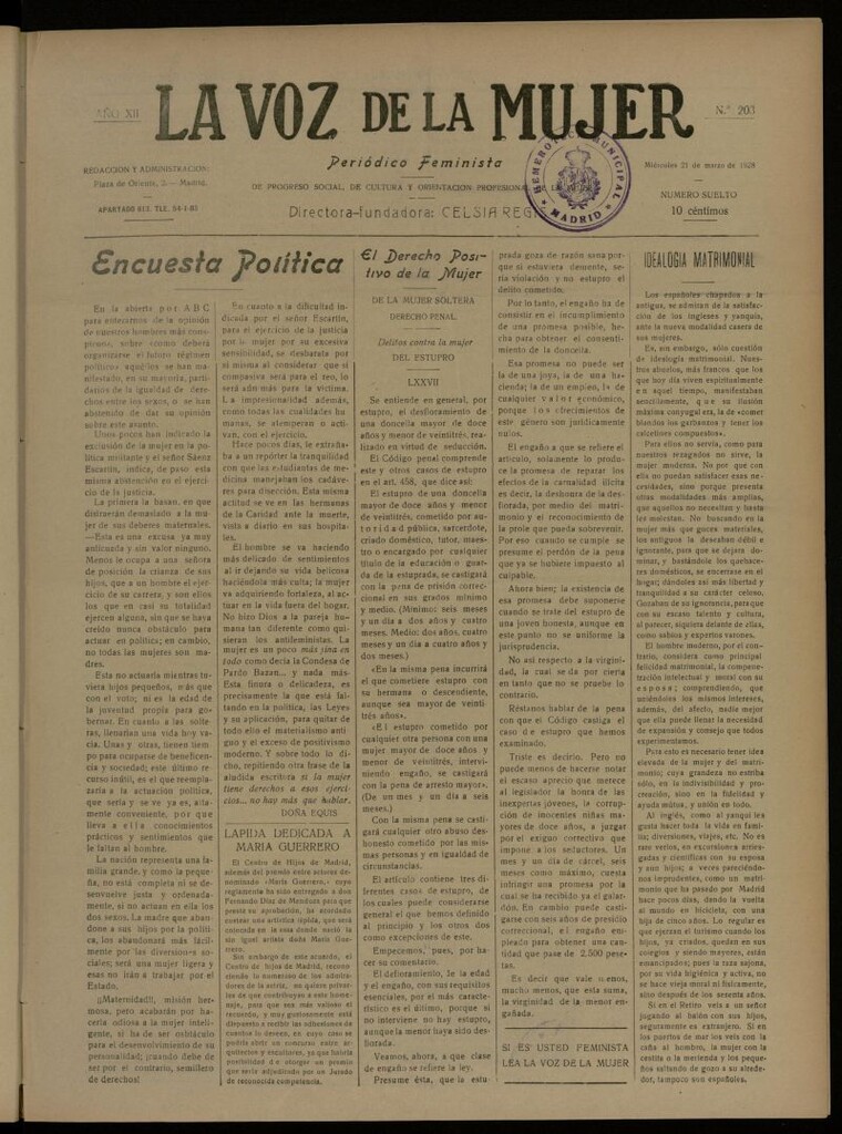 Miniatura de La Voz de la Mujer: revista mensual dedicada a la defensa de la mujer española del 21 de marzo de 1928, nº 203