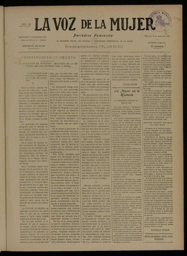 Miniatura de La Voz de la Mujer: revista mensual dedicada a la defensa de la mujer española del 28 de marzo de 1928, nº 205