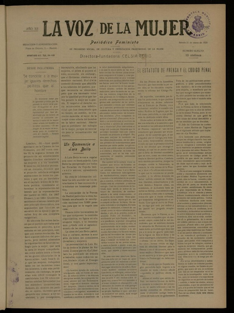 Miniatura de La Voz de la Mujer: revista mensual dedicada a la defensa de la mujer española del 31 de marzo de 1928, nº 206