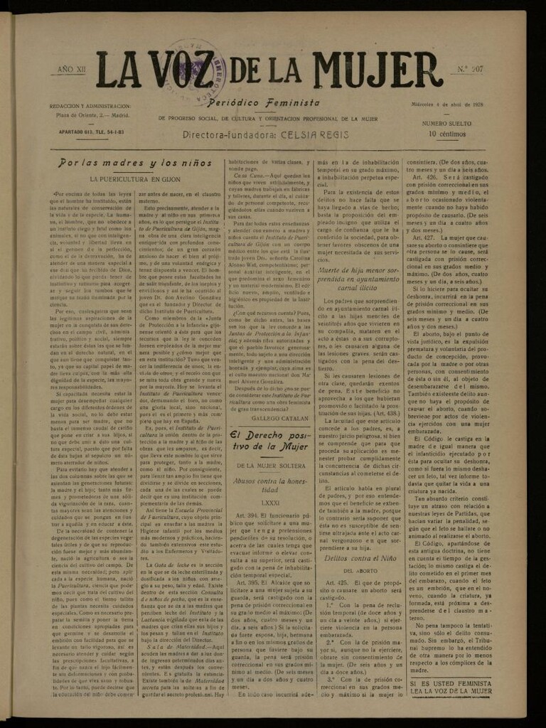 Miniatura de La Voz de la Mujer: revista mensual dedicada a la defensa de la mujer española del 4 de abril de 1928, nº 207