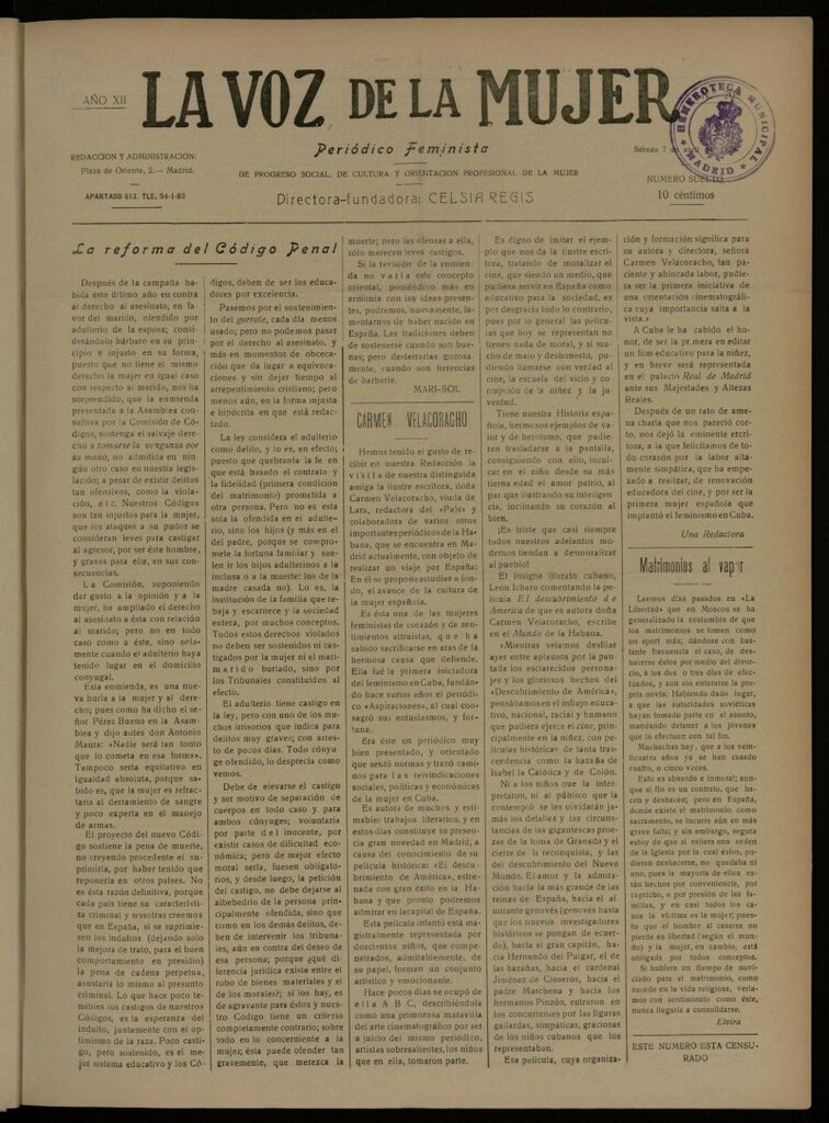 Miniatura de La Voz de la Mujer: revista mensual dedicada a la defensa de la mujer española del 7 de abril de 1928, nº 208