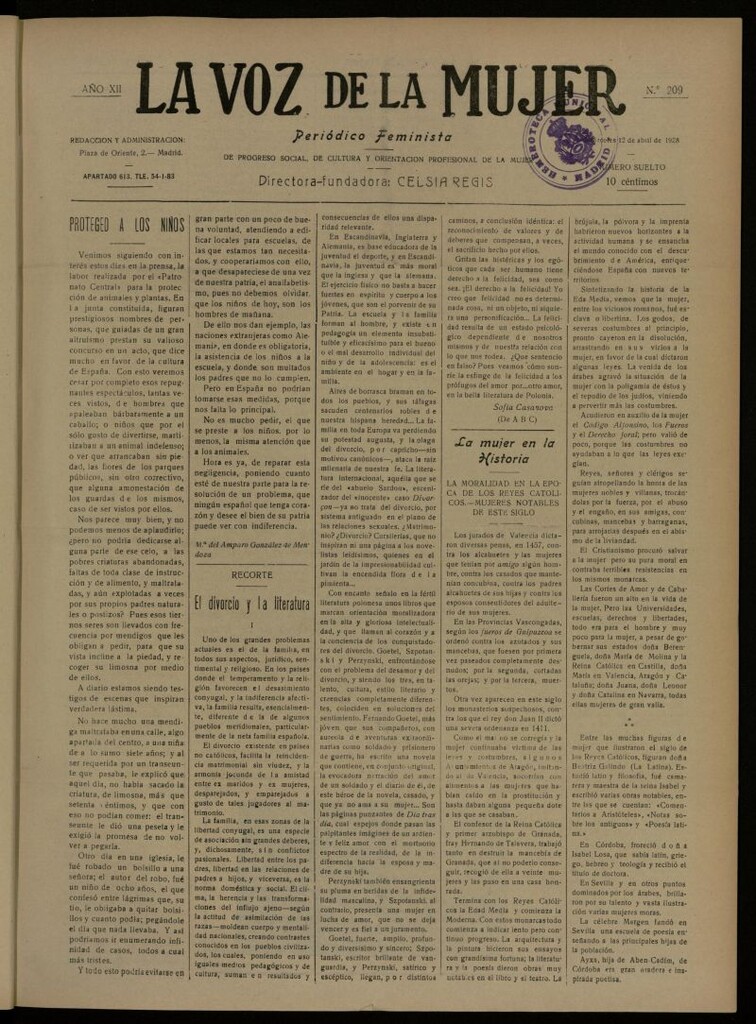 Miniatura de La Voz de la Mujer: revista mensual dedicada a la defensa de la mujer española del 12 de abril de 1928, nº 209