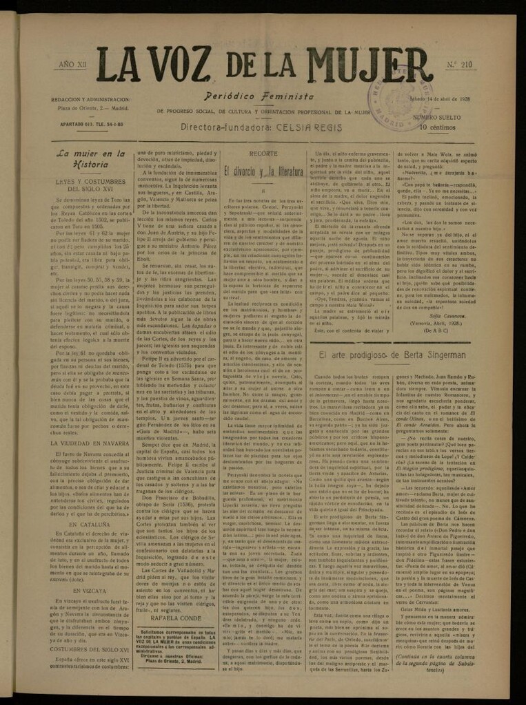 Miniatura de La Voz de la Mujer: revista mensual dedicada a la defensa de la mujer española del 14 de abril de 1928, nº 210