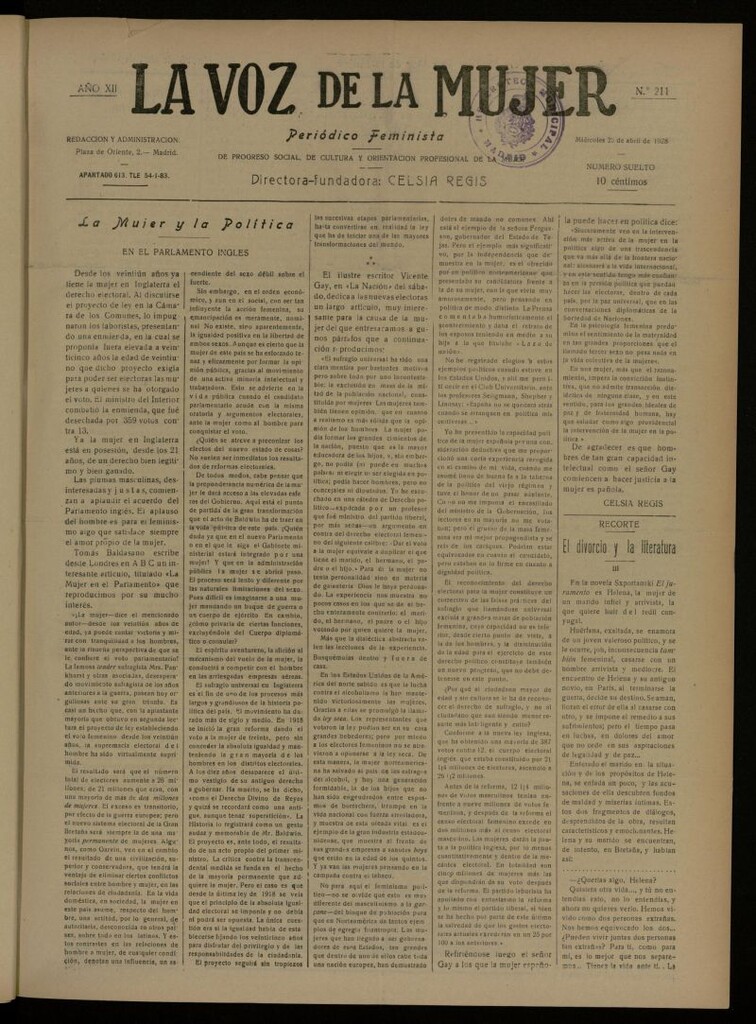 Miniatura de La Voz de la Mujer: revista mensual dedicada a la defensa de la mujer española del 25 de abril de 1928, nº 211