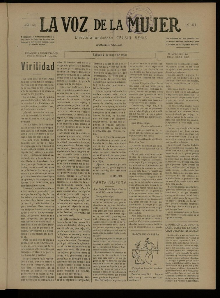 Miniatura de La Voz de la Mujer: revista mensual dedicada a la defensa de la mujer española del 5 de mayo de 1928, nº 214
