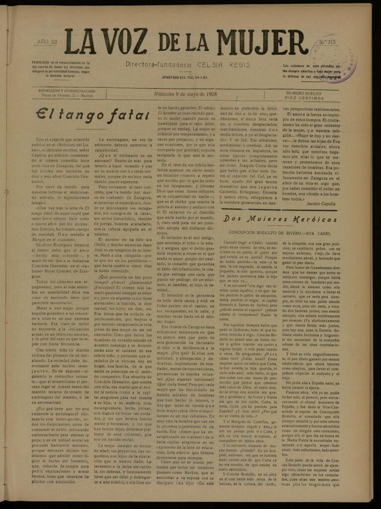Miniatura de La Voz de la Mujer: revista mensual dedicada a la defensa de la mujer española del 9 de mayo de 1928, nº 215