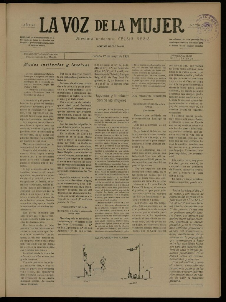 Miniatura de La Voz de la Mujer: revista mensual dedicada a la defensa de la mujer española del 12 de mayo de 1928, nº 216