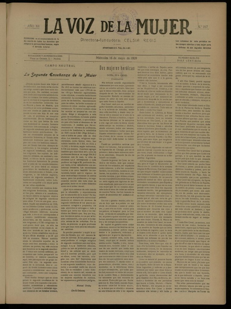 Miniatura de La Voz de la Mujer: revista mensual dedicada a la defensa de la mujer española del 16 de mayo de 1928, nº 217