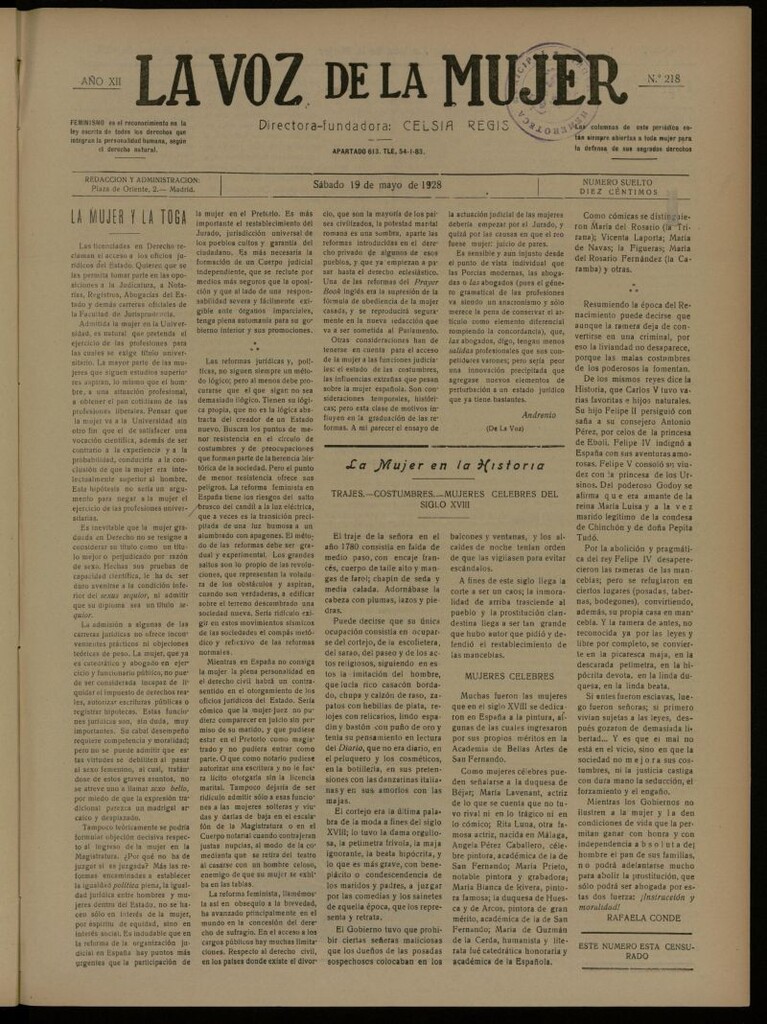 Miniatura de La Voz de la Mujer: revista mensual dedicada a la defensa de la mujer española del 19 de mayo de 1928, nº 218