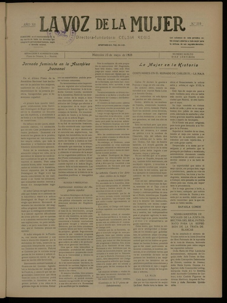 Miniatura de La Voz de la Mujer: revista mensual dedicada a la defensa de la mujer española del 23 de mayo de 1928, nº 219