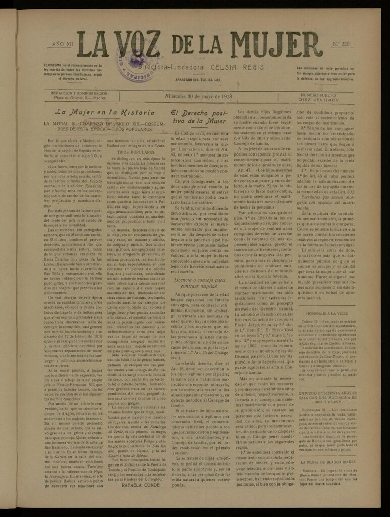 Miniatura de La Voz de la Mujer: revista mensual dedicada a la defensa de la mujer española del 30 de mayo de 1928, nº 220