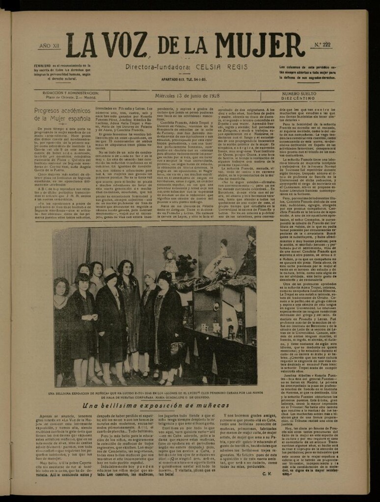 Miniatura de La Voz de la Mujer: revista mensual dedicada a la defensa de la mujer española del 13 de junio de 1928, nº 222