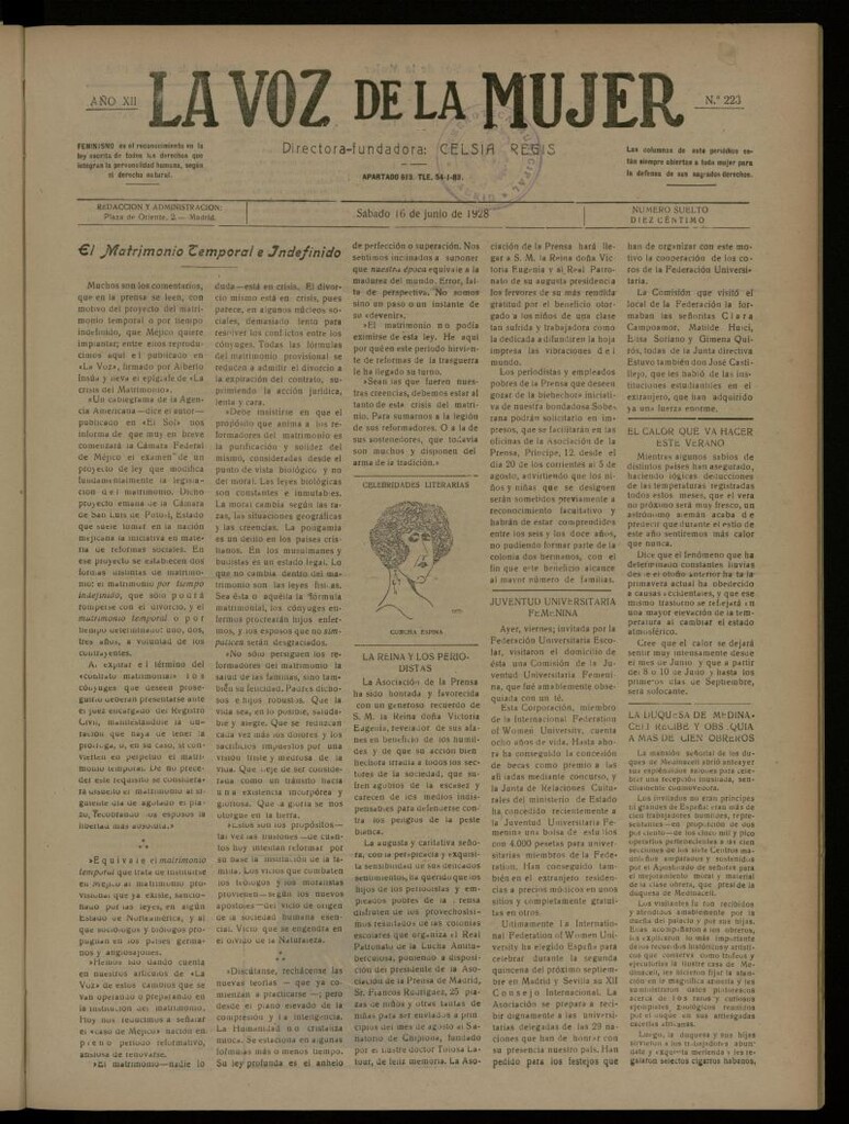 Miniatura de La Voz de la Mujer: revista mensual dedicada a la defensa de la mujer española del 16 de junio de 1928, nº 223