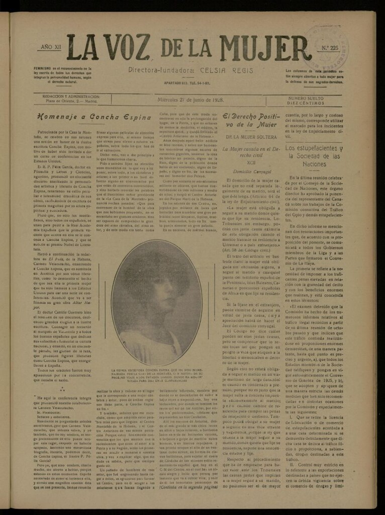 Miniatura de La Voz de la Mujer: revista mensual dedicada a la defensa de la mujer española del 27 de junio de 1928, nº 225