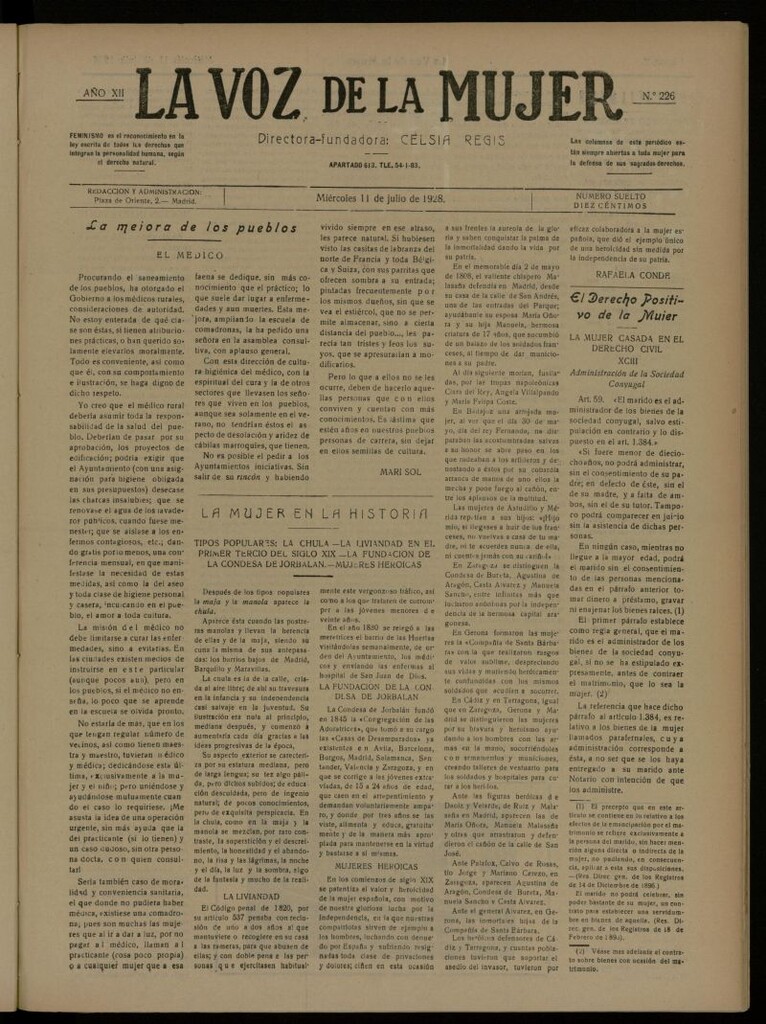 Miniatura de La Voz de la Mujer: revista mensual dedicada a la defensa de la mujer española del 11 de julio de 1928, nº 226
