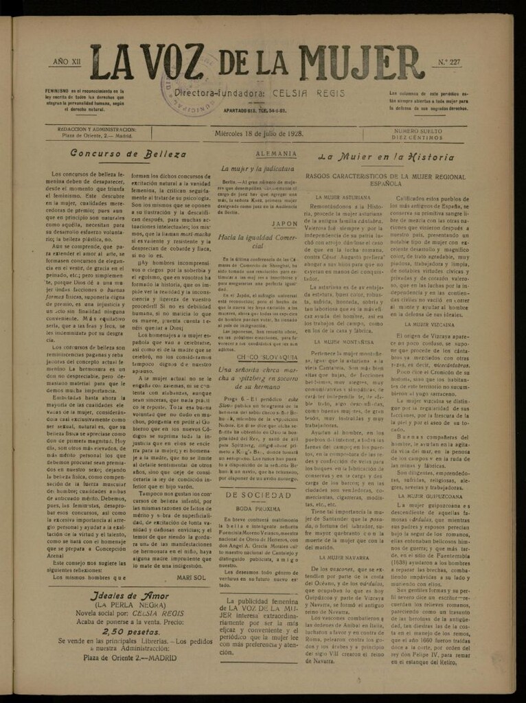 Miniatura de La Voz de la Mujer: revista mensual dedicada a la defensa de la mujer española del 18 de julio de 1928, nº 227