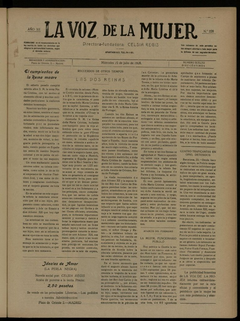Miniatura de La Voz de la Mujer: revista mensual dedicada a la defensa de la mujer española del 25 de julio de 1928, nº 228