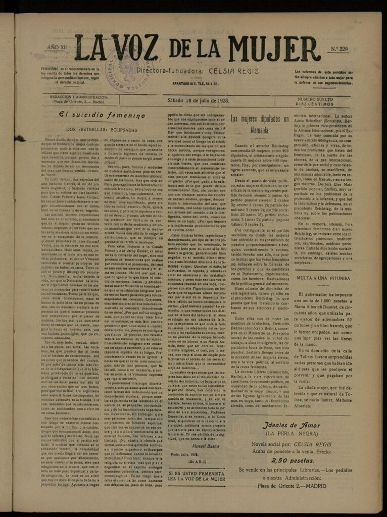 Miniatura de La Voz de la Mujer: revista mensual dedicada a la defensa de la mujer española del 28 de julio de 1928, nº 229