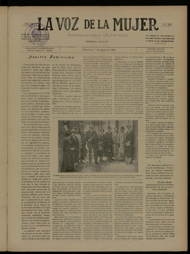 Miniatura de La Voz de la Mujer: revista mensual dedicada a la defensa de la mujer española del 1 de agosto de 1928, nº 230
