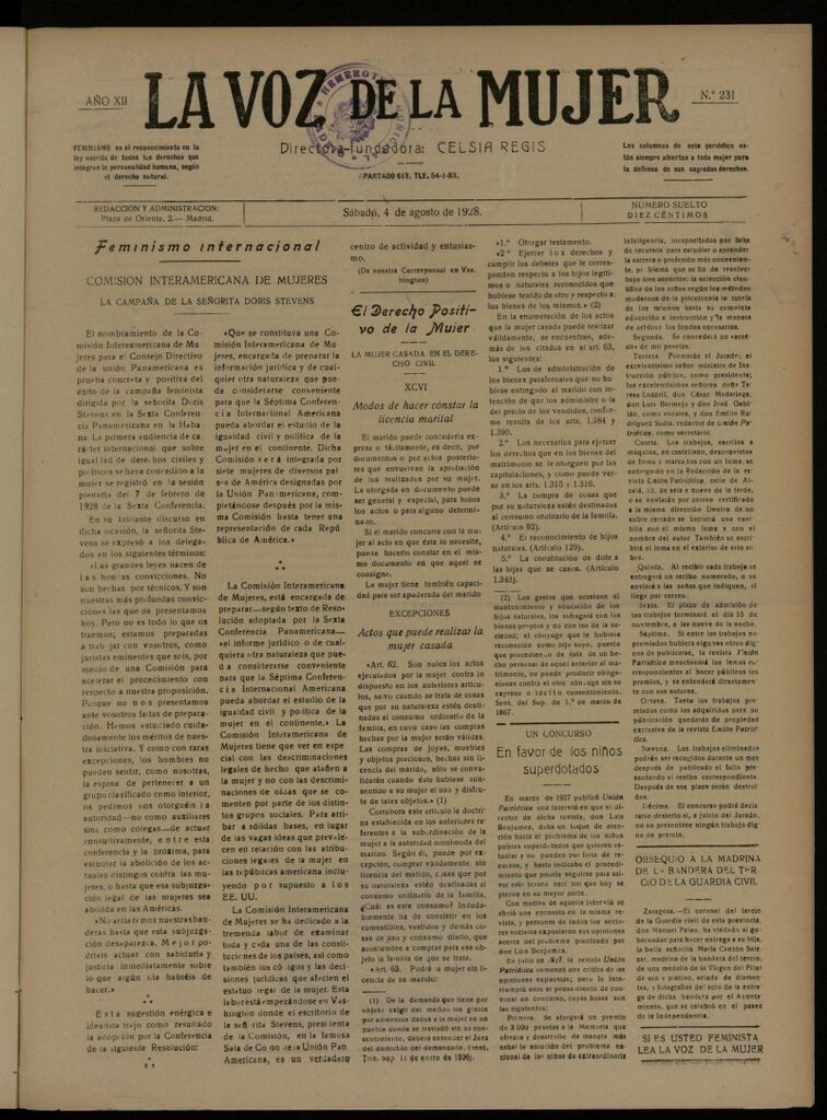Miniatura de La Voz de la Mujer: revista mensual dedicada a la defensa de la mujer española del 4 de agosto de 1928, nº 231