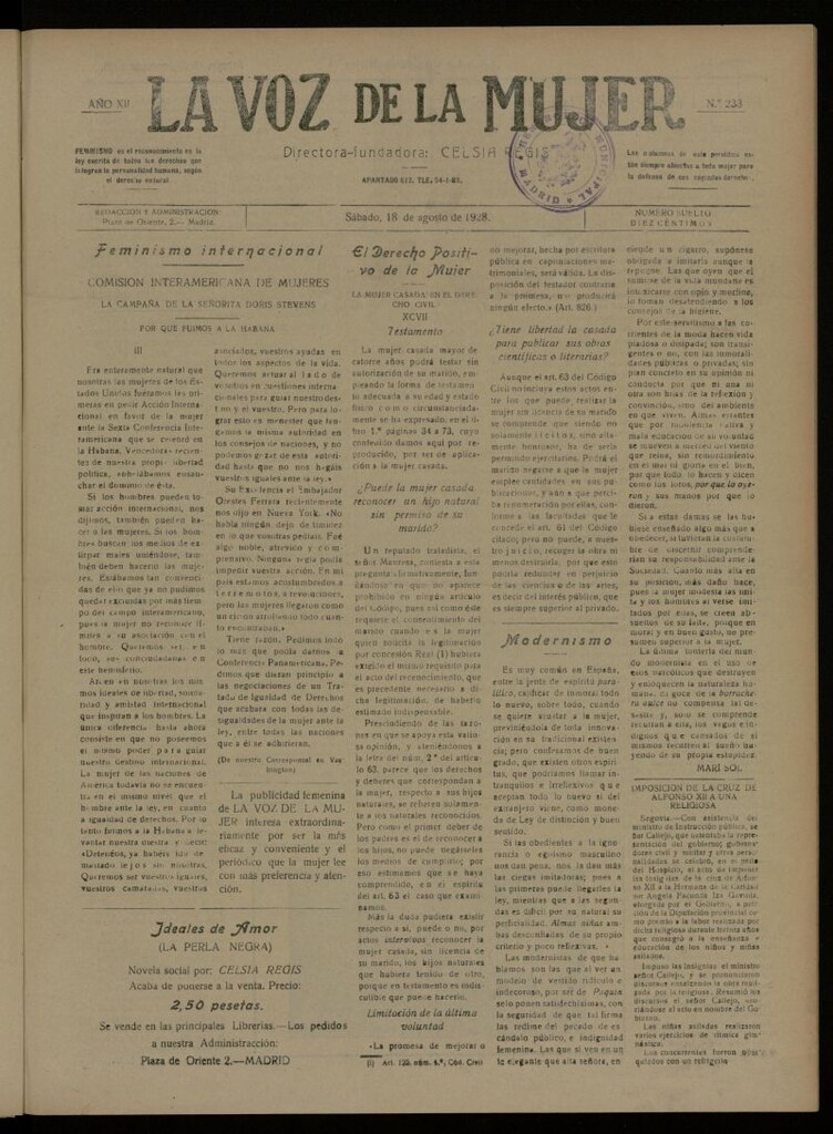 Miniatura de La Voz de la Mujer: revista mensual dedicada a la defensa de la mujer española del 18 de agosto de 1928, nº 233
