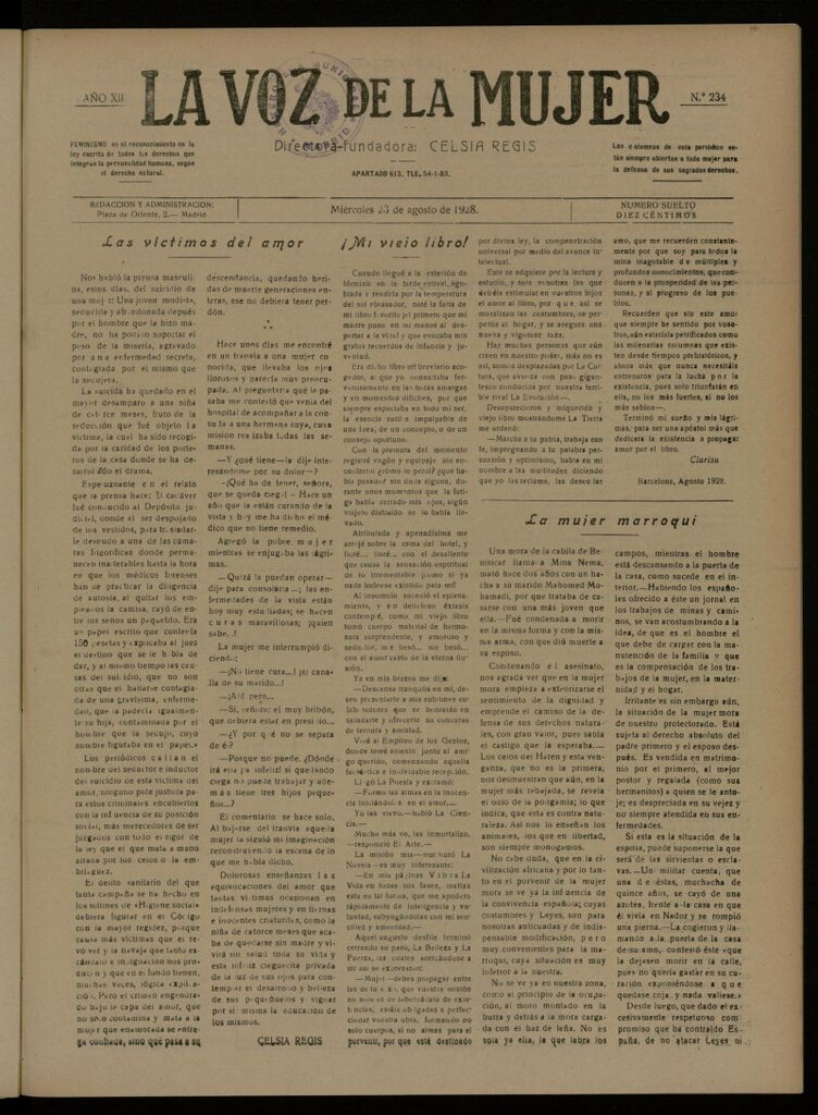Miniatura de La Voz de la Mujer: revista mensual dedicada a la defensa de la mujer española del 23 de agosto de 1928, nº 234