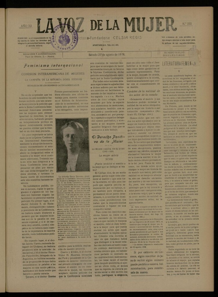 Miniatura de La Voz de la Mujer: revista mensual dedicada a la defensa de la mujer española del 25 de agosto de 1928, nº 235