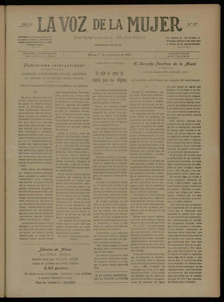 Miniatura de La Voz de la Mujer: revista mensual dedicada a la defensa de la mujer española del 1 de septiembre de 1928, nº 237