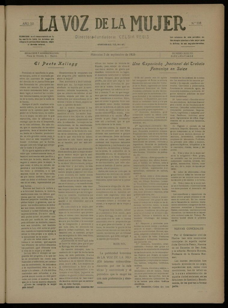 Miniatura de La Voz de la Mujer: revista mensual dedicada a la defensa de la mujer española del 5 de septiembre de 1928, nº 238