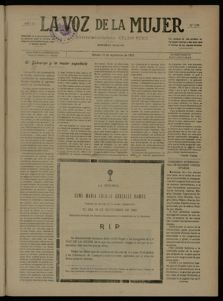 Miniatura de La Voz de la Mujer: revista mensual dedicada a la defensa de la mujer española del 15 de septiembre de 1928, nº 239