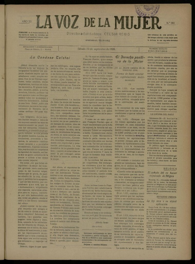 Miniatura de La Voz de la Mujer: revista mensual dedicada a la defensa de la mujer española del 22 de septiembre de 1928, nº 241