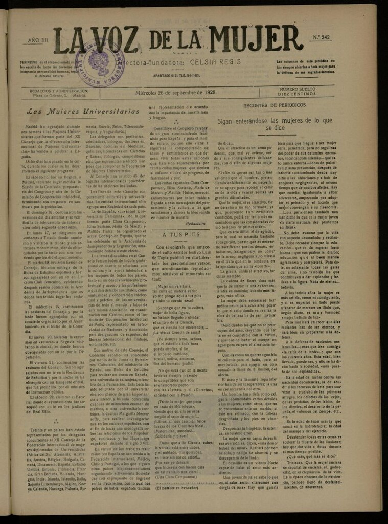 Miniatura de La Voz de la Mujer: revista mensual dedicada a la defensa de la mujer española del 26 de septiembre de 1928, nº 242