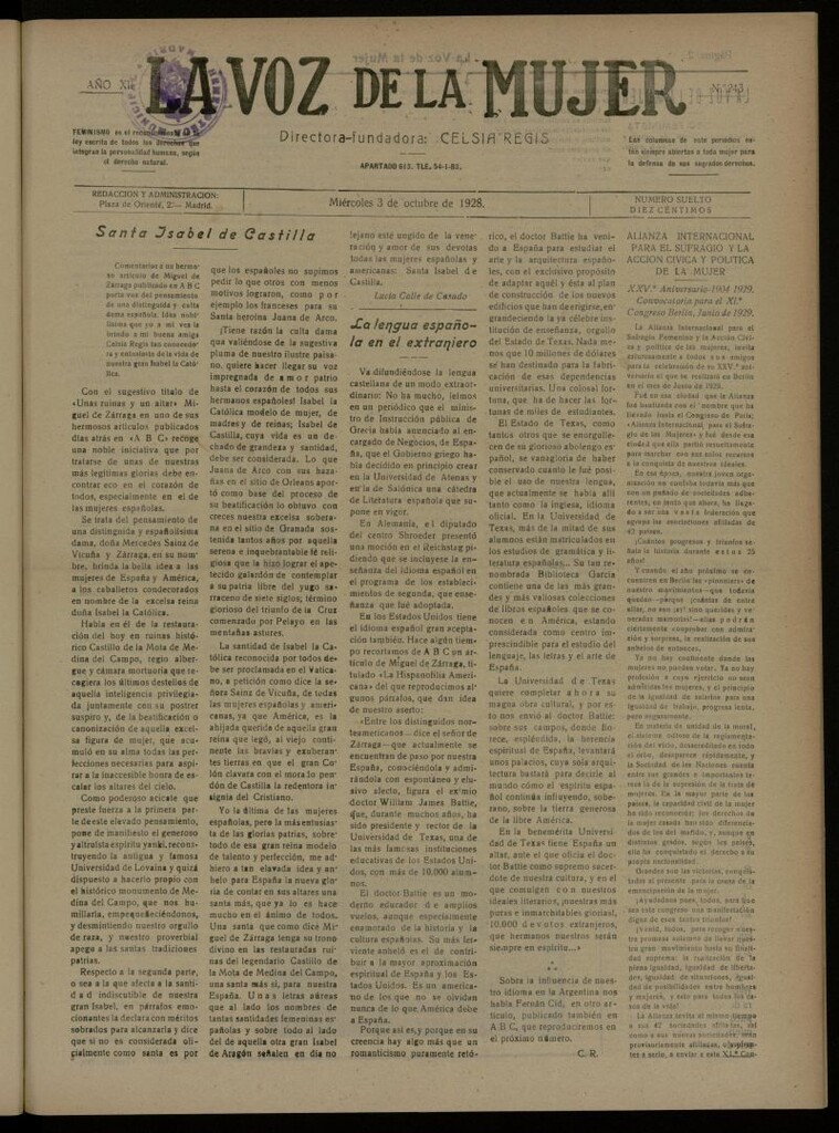 Miniatura de La Voz de la Mujer: revista mensual dedicada a la defensa de la mujer española del 3 de octubre de 1928, nº 243