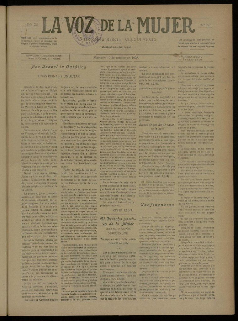 Miniatura de La Voz de la Mujer: revista mensual dedicada a la defensa de la mujer española del 10 de octubre de 1928, nº 245