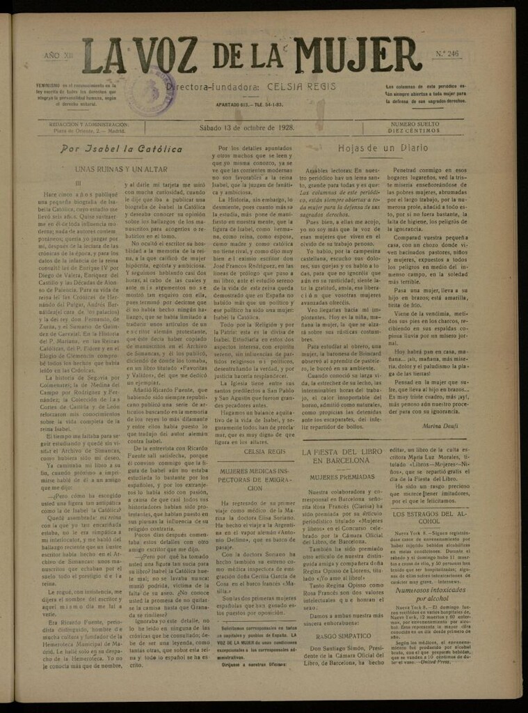 Miniatura de La Voz de la Mujer: revista mensual dedicada a la defensa de la mujer española del 13 de octubre de 1928, nº 246