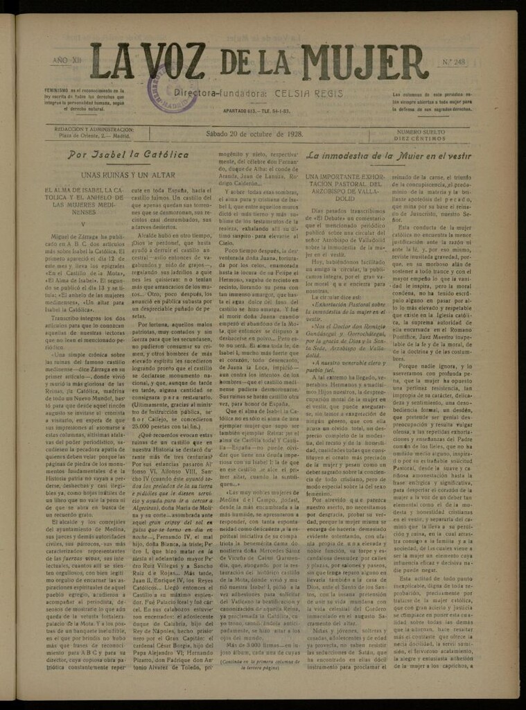 Miniatura de La Voz de la Mujer: revista mensual dedicada a la defensa de la mujer española del 20 de octubre de 1928, nº 248