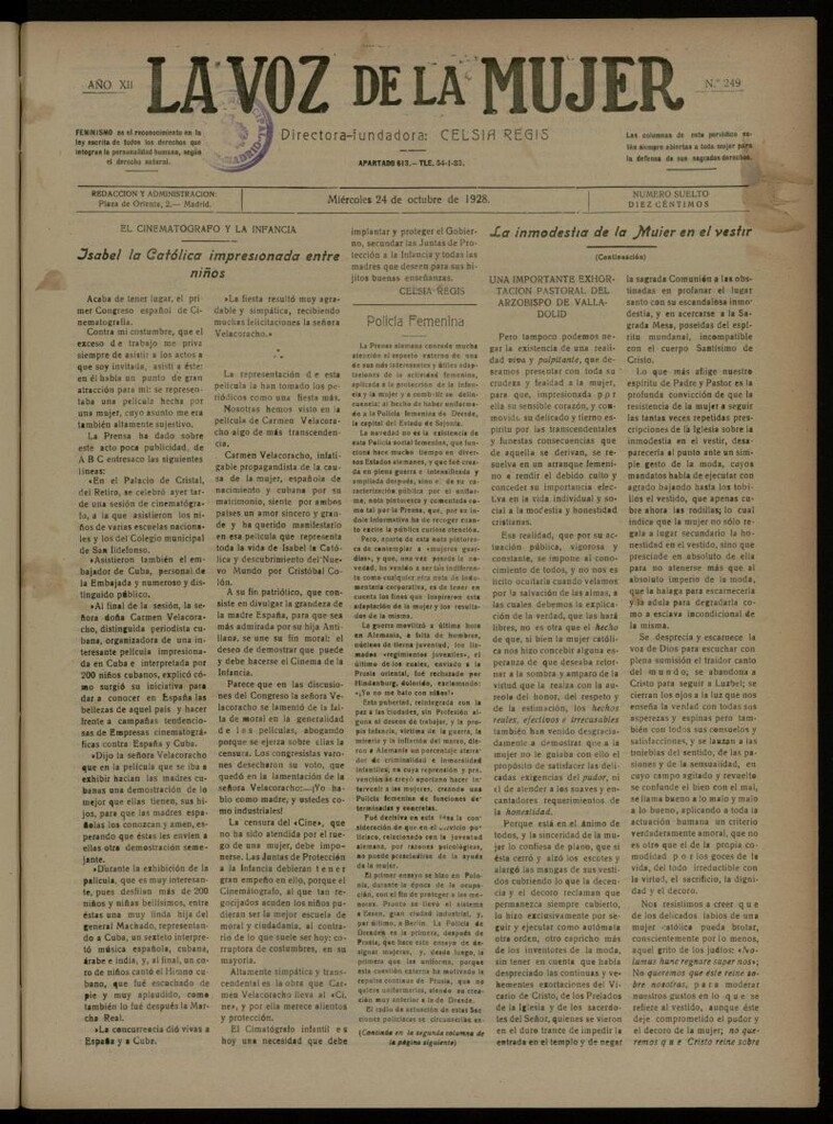 Miniatura de La Voz de la Mujer: revista mensual dedicada a la defensa de la mujer española del 24 de octubre de 1928, nº 249