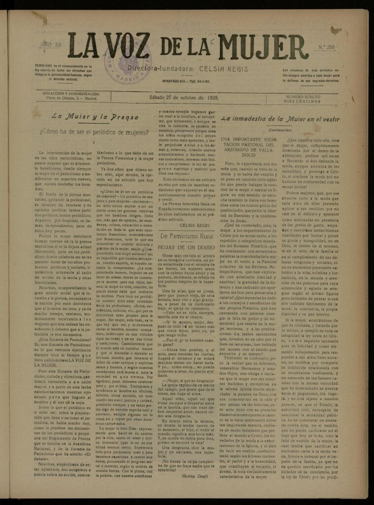 Miniatura de La Voz de la Mujer: revista mensual dedicada a la defensa de la mujer española del 27 de octubre de 1928, nº 250