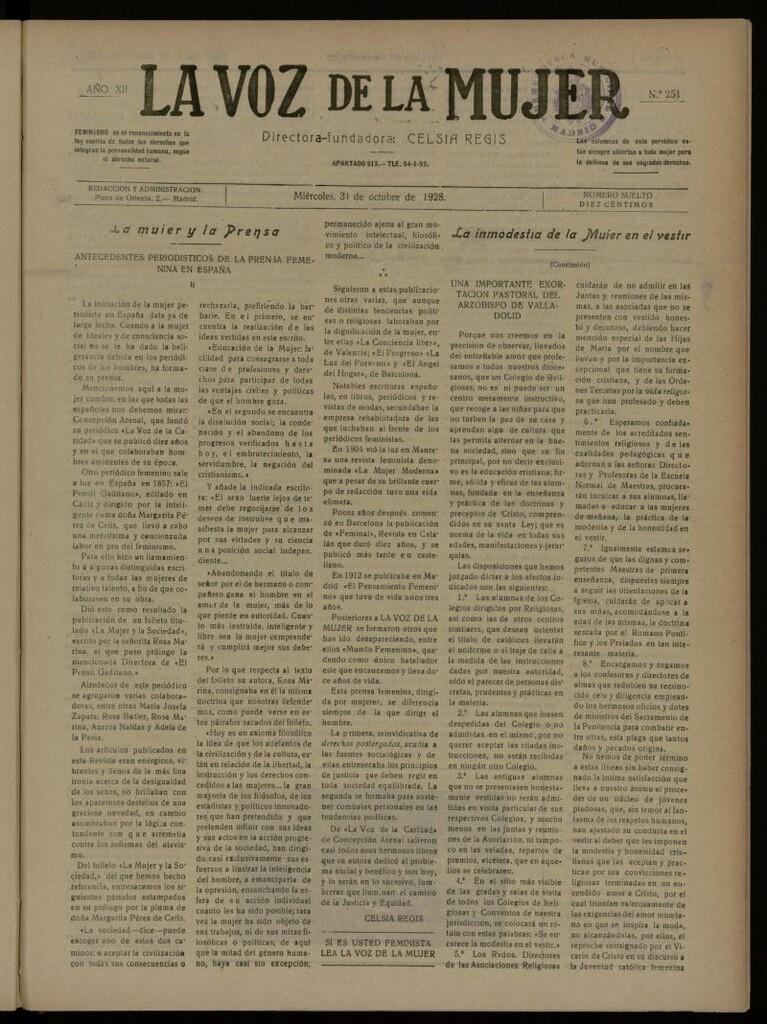 Miniatura de La Voz de la Mujer: revista mensual dedicada a la defensa de la mujer española del 31 de octubre de 1928, nº 251