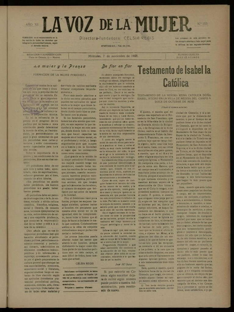 Miniatura de La Voz de la Mujer: revista mensual dedicada a la defensa de la mujer española del 7 de noviembre de 1928, nº 253