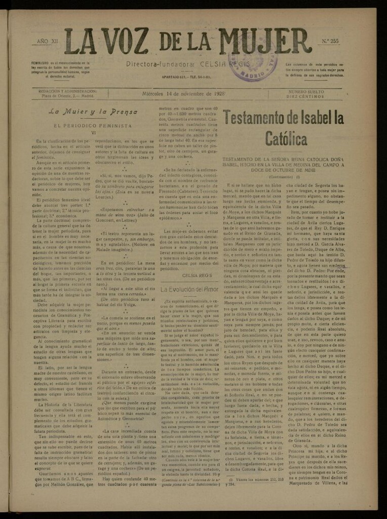 Miniatura de La Voz de la Mujer: revista mensual dedicada a la defensa de la mujer española del 14 de noviembre de 1928, nº 255