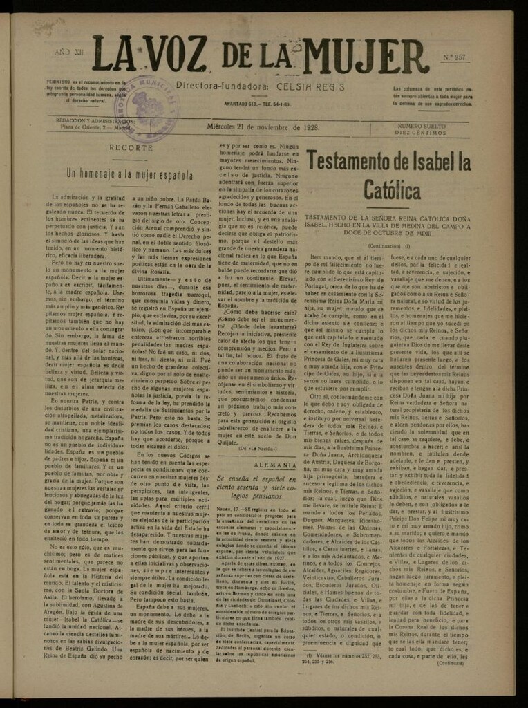 Miniatura de La Voz de la Mujer: revista mensual dedicada a la defensa de la mujer española del 21 de noviembre de 1928, nº 257
